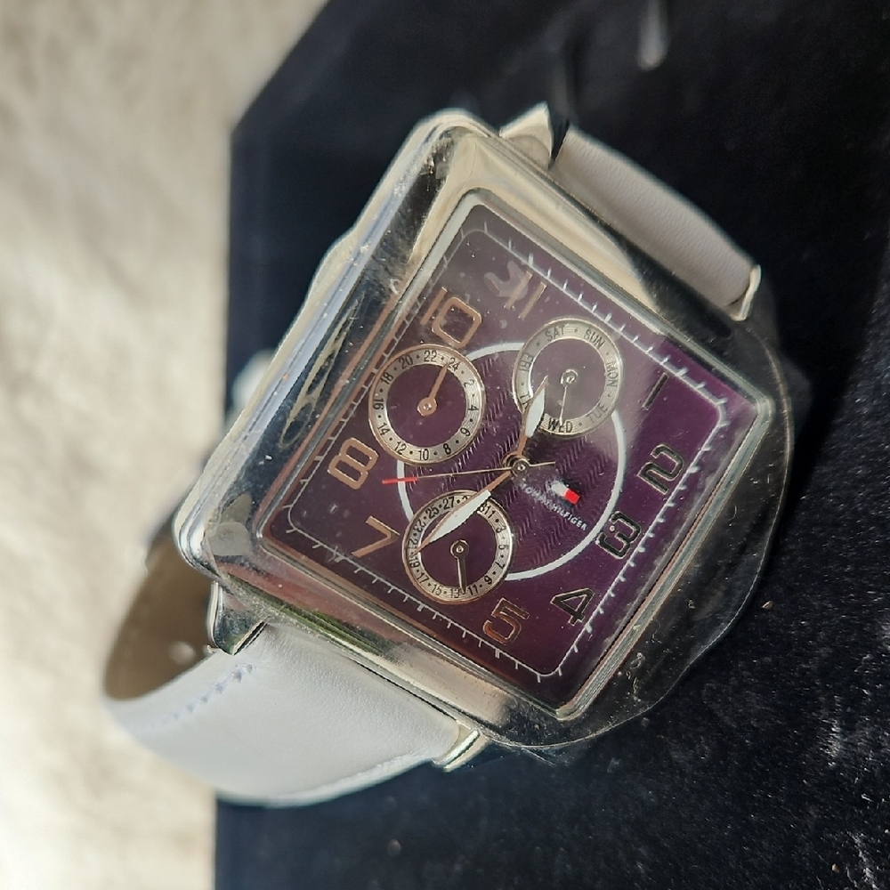 Tommy Hilfiger Silver and Purple Square Face Watch with Leather Strap